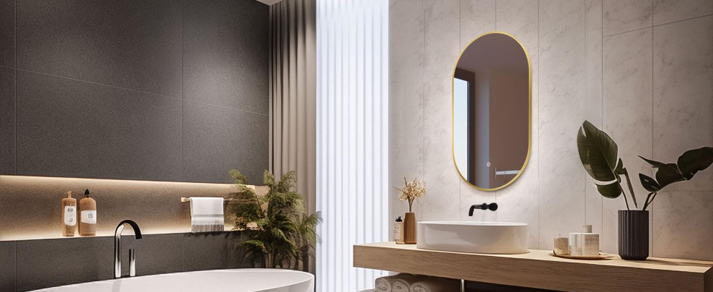 Дзеркало для ванної кімнати HOKO круглої форми 80 см з підсвічуванням, антизапарюванням, рамкою, сенсорним вимикачем, функцією пам'яті та регулюванням кольору світла (2700-6500K) - тепле, холодне, нейтральне світло (75 x 45 см, золотий овал)