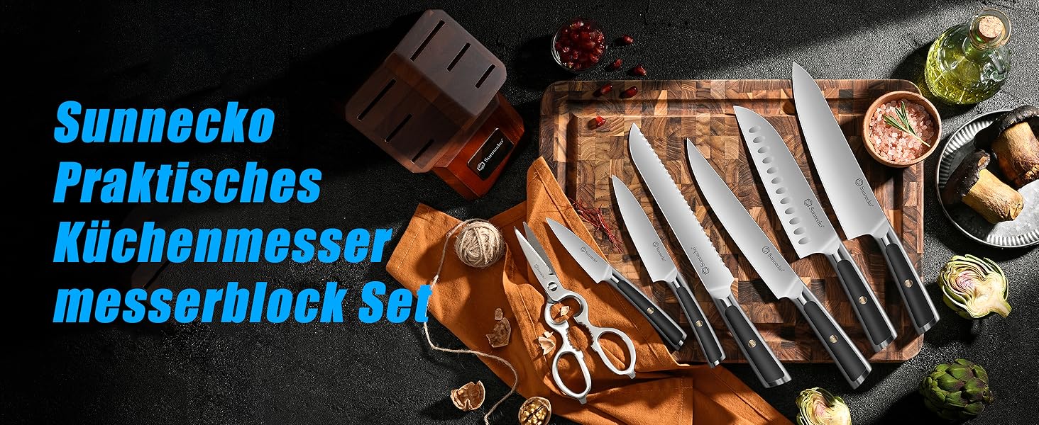 Набір ножів Sunnecko 6 шт. з підставкою – кухонний набір ножів, кухонні ножі з ергономічними ручками, гострими лезами, підставка з нержавіючої сталі та акації