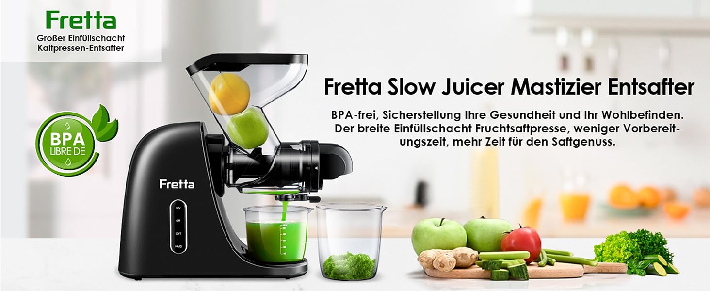 Електричний соковитискач Fretta Slow Juicer: холодний віджим, 76 мм, для овочів та фруктів, чорний