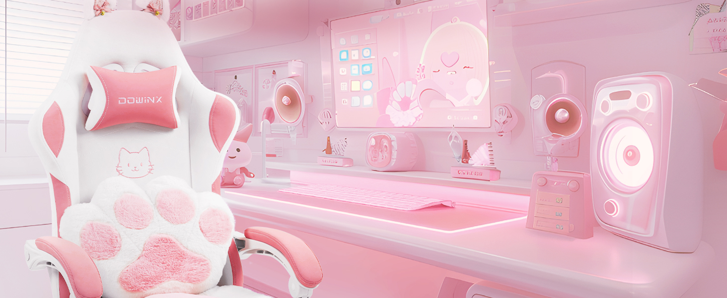 Ігровий крісло Dowinx з підніжкою, комфортний геймерський крісло для ПК, рожево-білий, для дорослих