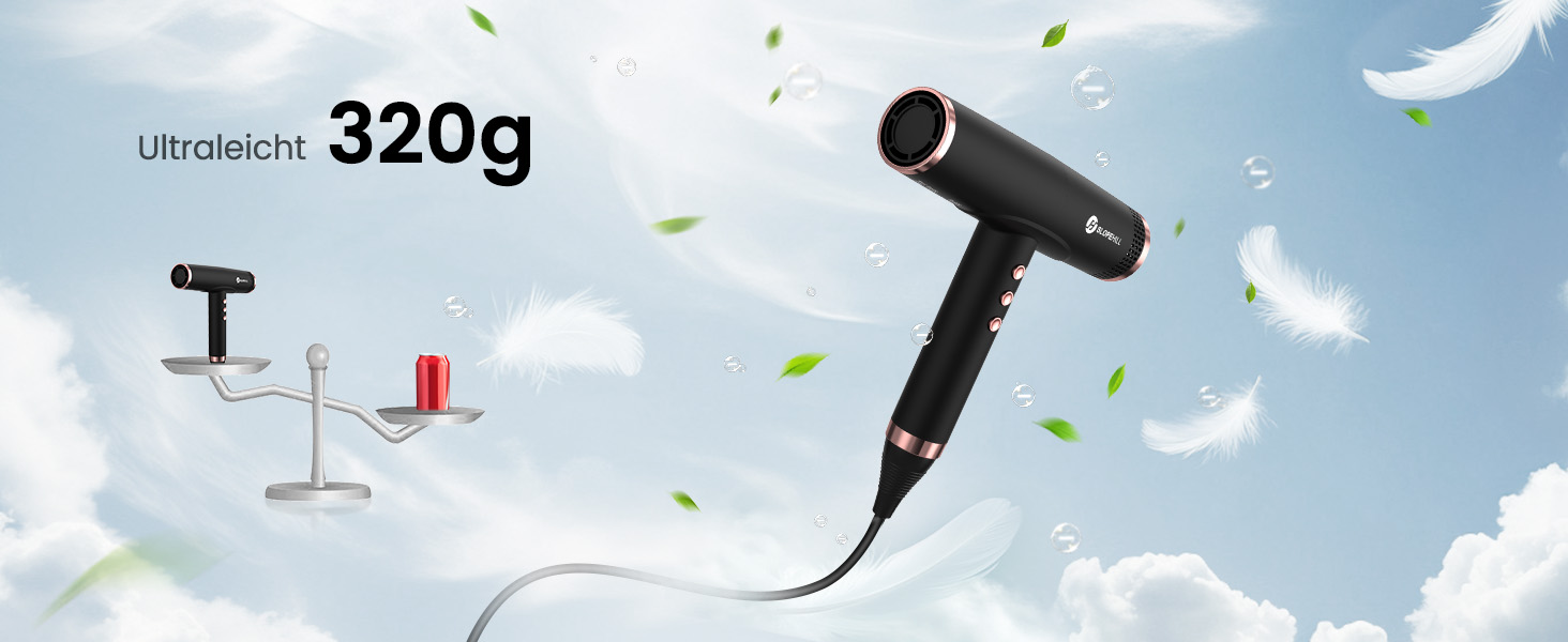 Іонний фен для волосся Slopehill з безщітковим двигуном 110,000 RPM, біокерамічний технологічний обдув, магнітний дифузор, низький рівень шуму, матовий чорний