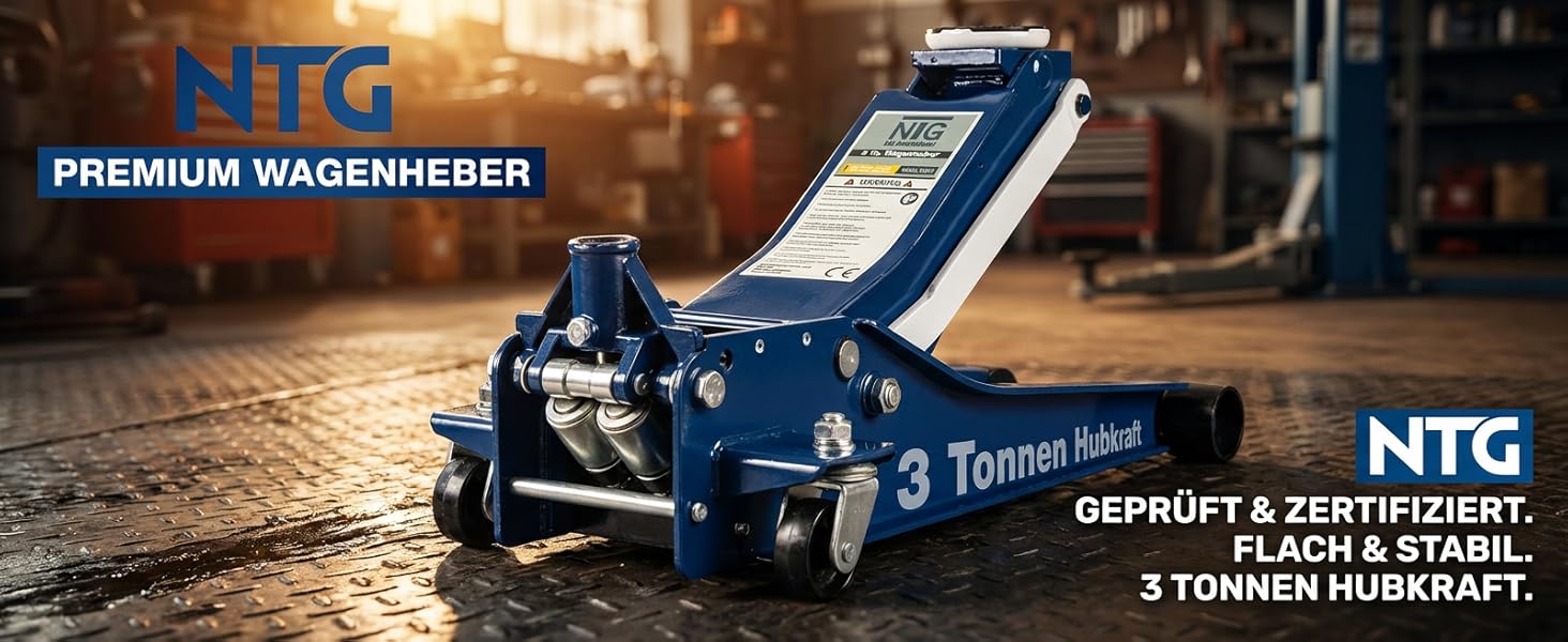 Гідравлічний домкрат NTG 3T, низькопрофільний, для авто (легкових та SUV), синій + сертифікат TÜV, висота підйому 75-505 мм