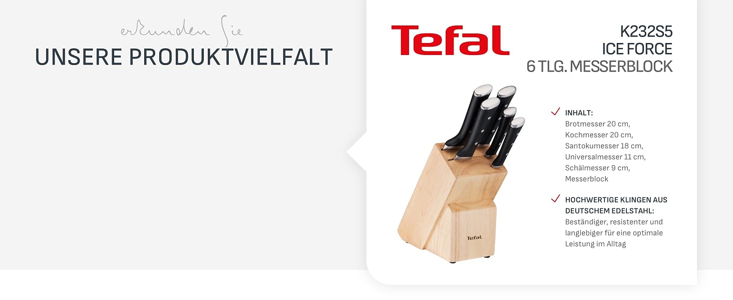Набір кухонних ножів Jamie Oliver від Tefal з підставкою, 6 предметів: кухонний, сантоку, для хліба, універсальний та ніж для чищення, сталь з криозагартуванням, блок з акації, коричневий, K267S556