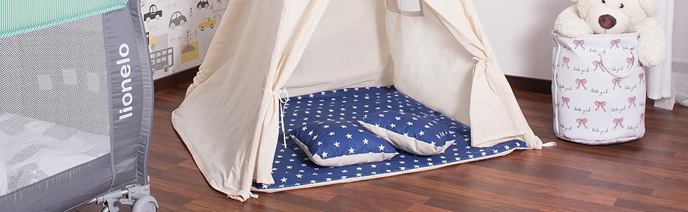 Дитячий намет-типі SPRINGOS, 160 x 120 x 100 см, темно-синій з зірками, з килимком та подушкою