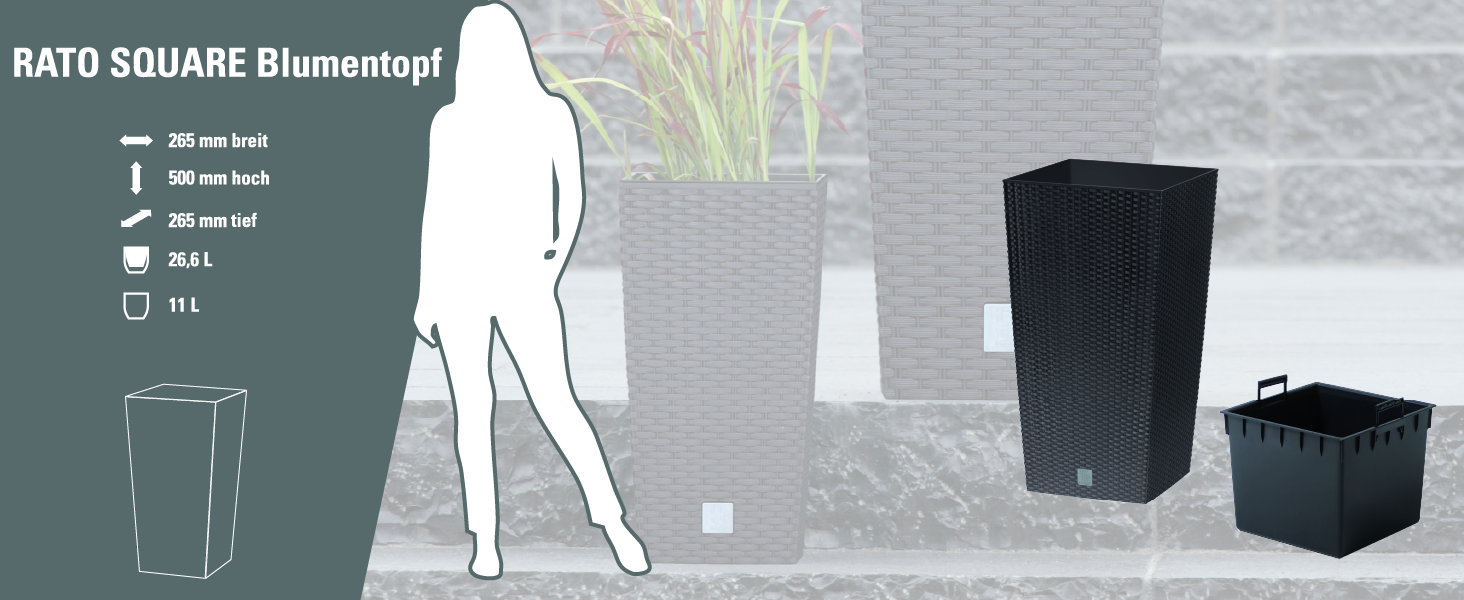 Пластиковий горщик Prosperplast з ротангу, 26.5 x 26.5 x 50 см, антрацит, для дому та саду