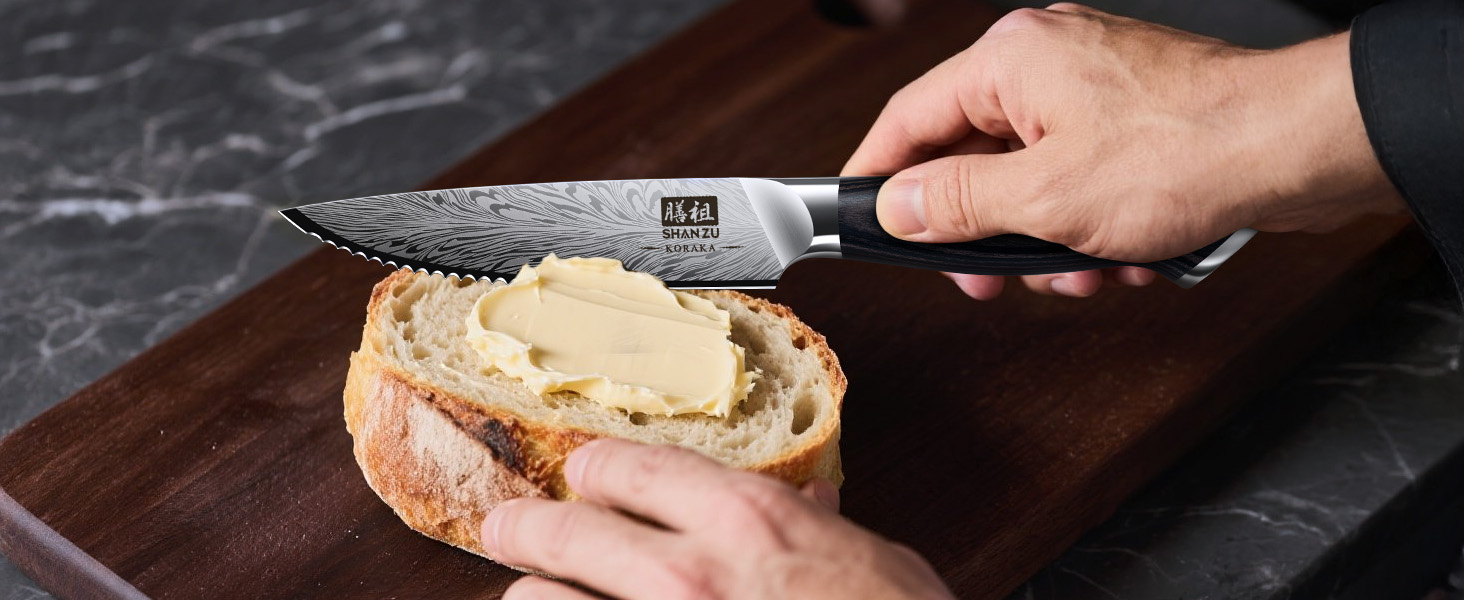 Японський ніж для кухні SHAN ZU з порошкової сталі, професійний ніж шеф-кухаря з високим вмістом вуглецю, з ергономічною ручкою з паккавуда (набір з 6 ножів для стейку, 11.5 см)