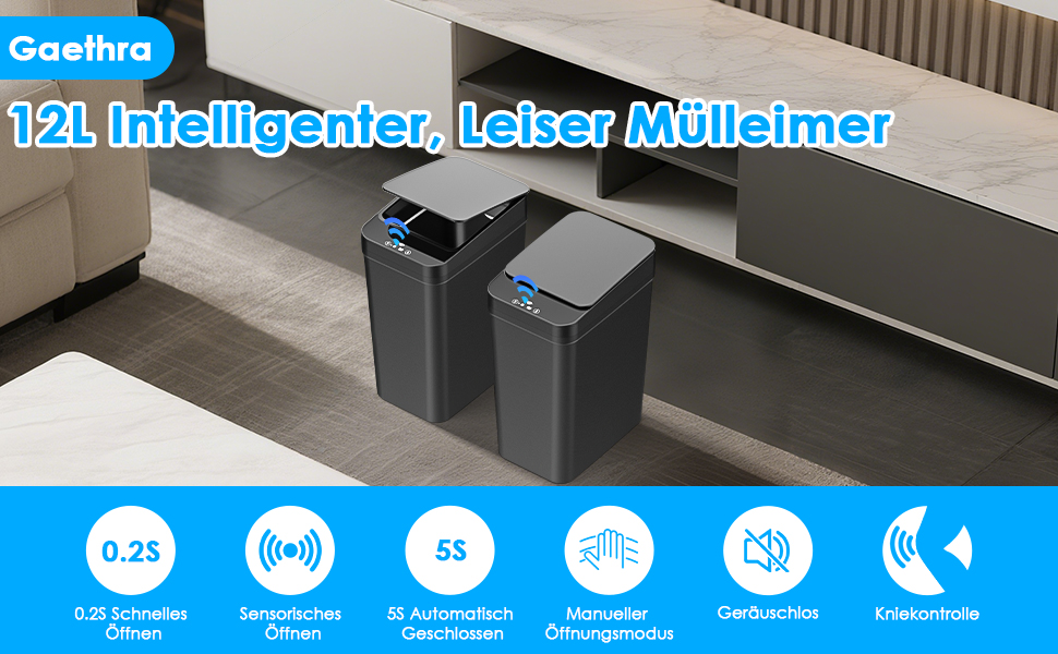 Набір з 2 автоматичних сміттєвих баків з датчиком, 12л, сенсорний кришка, 3 режими роботи, тихий, водонепроникний, інтелектуальний контейнер для сміття, для кухні, офісу, вітальні, ванної кімнати (2 шт. чорний)