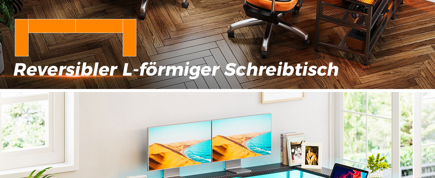 Ігровий стіл ODK з LED-підсвічуванням, 150x102 см, з 2 розетками та 2 USB-портами, кутовий, з підставкою для роутера, карбон, чорний