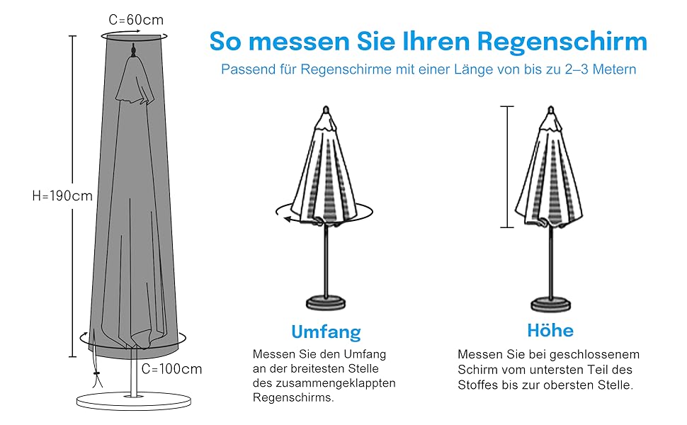 Чохол для парасольки OKPOW 3м: водовідштовхуючий, 600D, з блискавкою, захист від сонця, вітру та снігу, 190см×30/50см, чорний