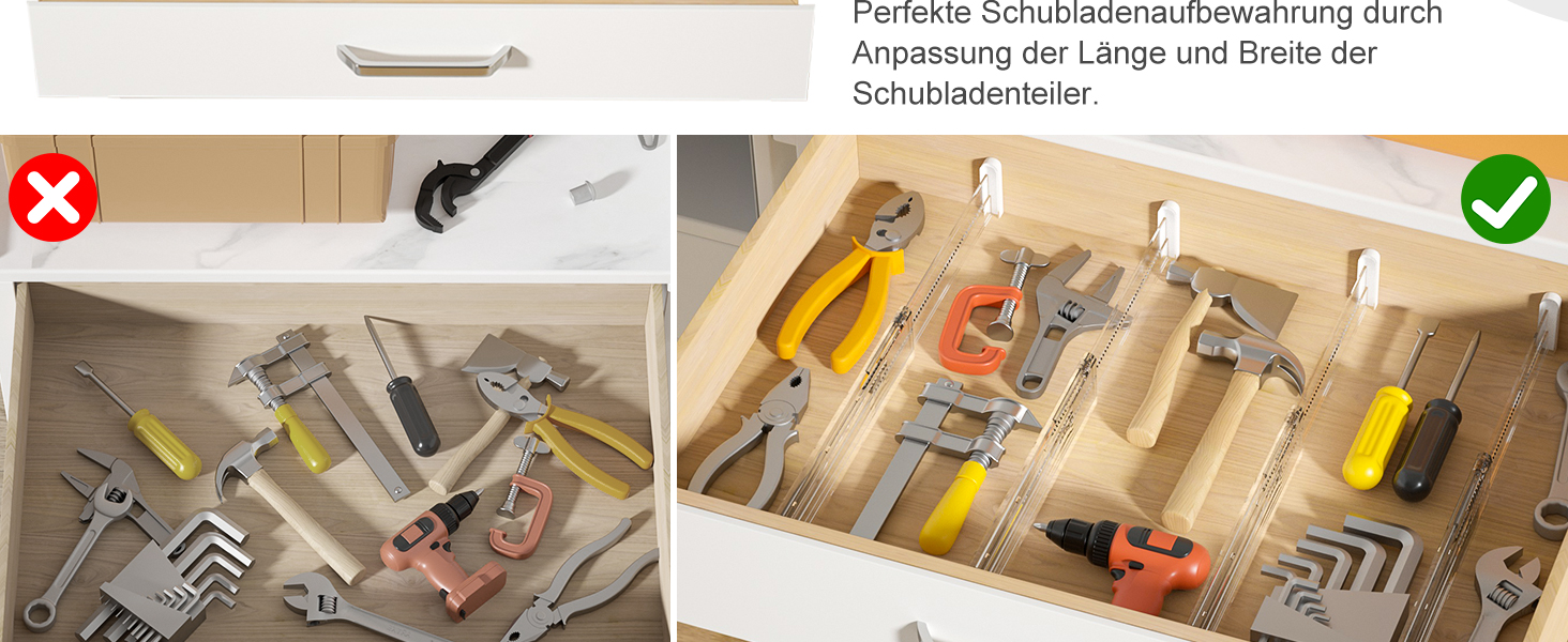 FUNIZE Регульовані роздільники для ящиків з вставками, 8 шт., роздільники 32-58 см + 16 шт. вставок 9-18 см, Органайзер для ящиків, Кухня, Спальня, Офіс, 6 см висота