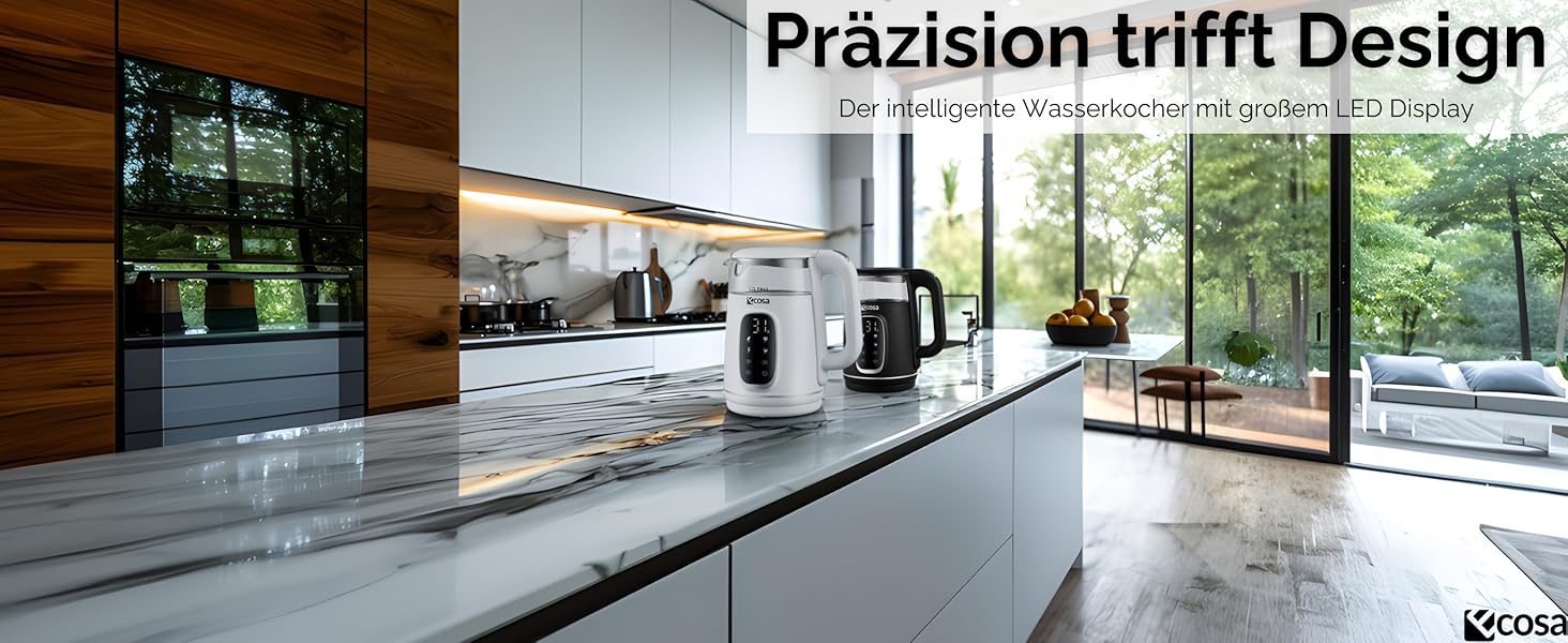 Електрочайник Ecosa® зі скляною колбою та регулюванням температури, 1.7 л, 2200 Вт, не містить BPA, з підігрівом та LED-підсвічуванням (Woldo White)