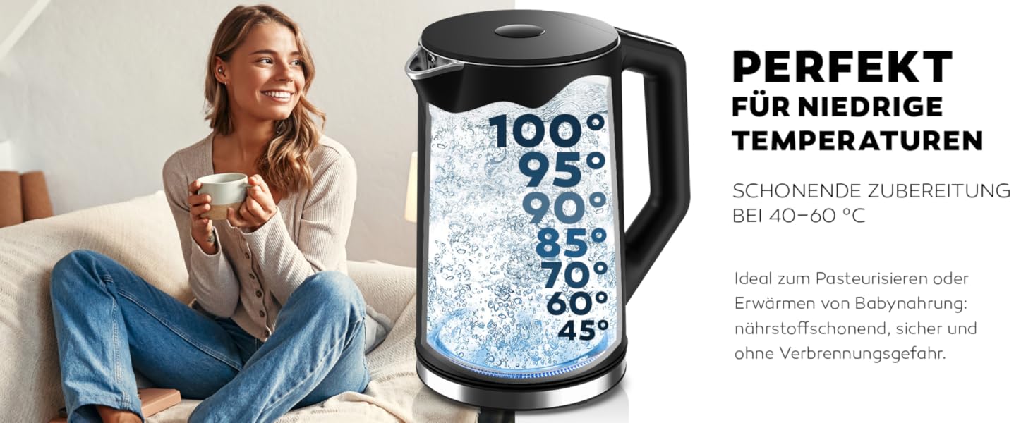 Електричний чайник BALTER з регулюванням температури, 1.5L, 2200W, білий/чорний, нержавіюча сталь, подвійні стінки, BPA free, бездротовий