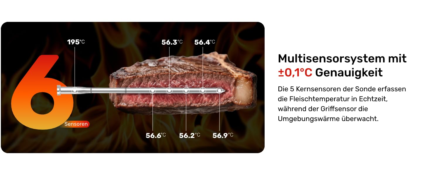 Бездротовий термометр для м'яса S Pro з Bluetooth, 6 датчиків, ±0,1°C, моніторинг через додаток, таймер, будильник, IP69 водонепроникний та олієстійкий
