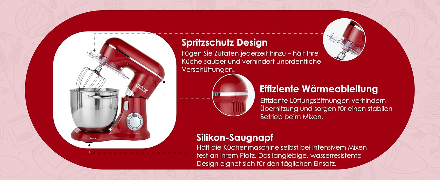 Кухонна машина Kitchen in the box 6L з 2 чашами по 3.5L, 10 швидкостей, з гаками для тіста, вінчиками та вінчиком для збивання (червона)