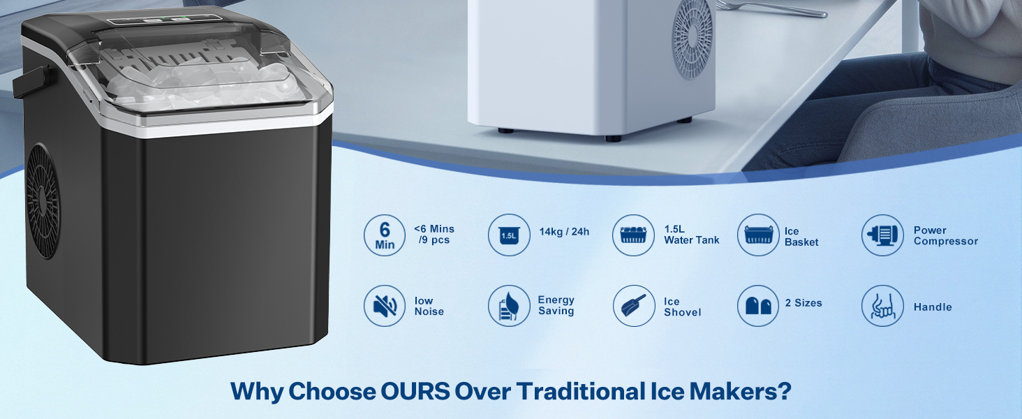 Льодогенератор Ice Cube Maker 12 кг/24 год, швидке виробництво льоду (6-8 хв), 2 розміри кубиків, самоочищення, чорний - для дому, офісу, бару