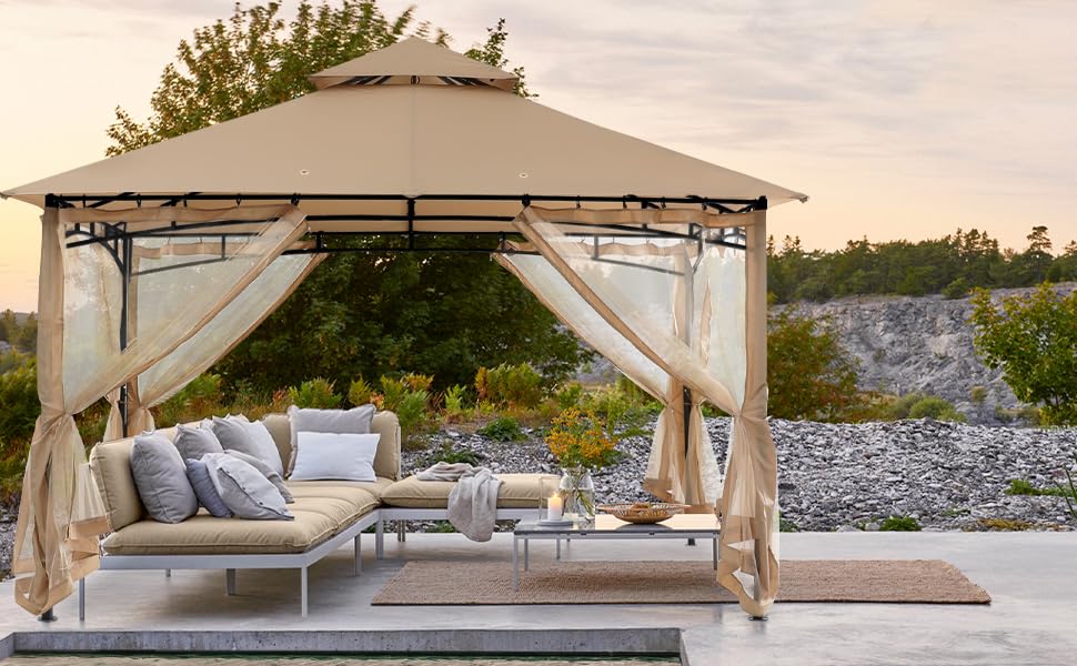 ABCCANOPY Павільйон садовий 2.4x2.4 м з двосхилим м'яким дахом для тераси, саду, двору. Захист від сонця та дощу (з сіткою, бежевий)