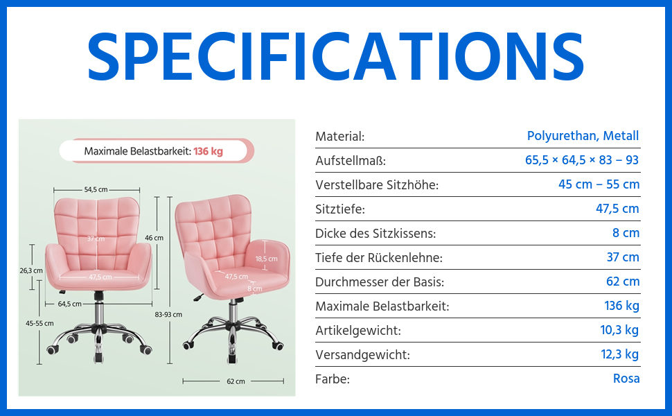 Крісло офісне Yaheetech ергономічне, з регулюванням висоти, з підлокітниками, на роликах, до 136 кг, біле (рожеве)