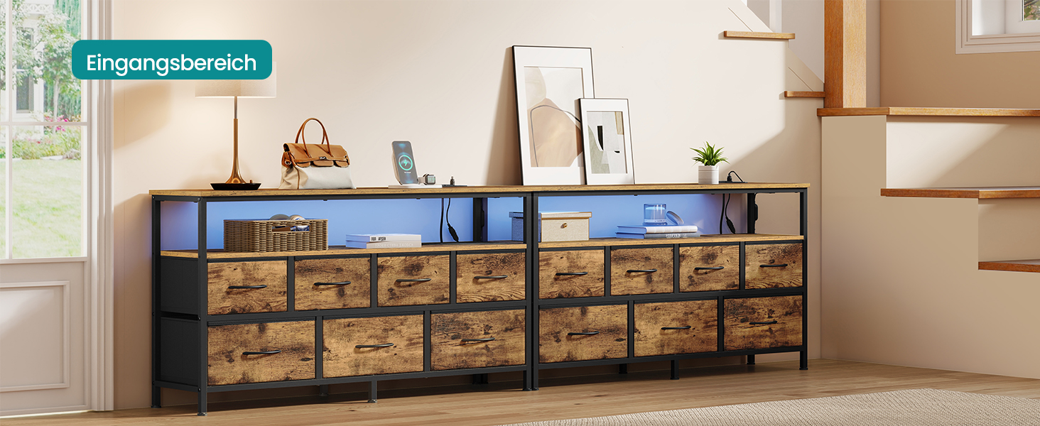 SONGMICS BELLAH: Комод, шафа, LED-підсвічування, тумба з зарядкою, індустріальний стиль, вінтажний коричневий + чорний, 7 ящиків, LGS723KD01