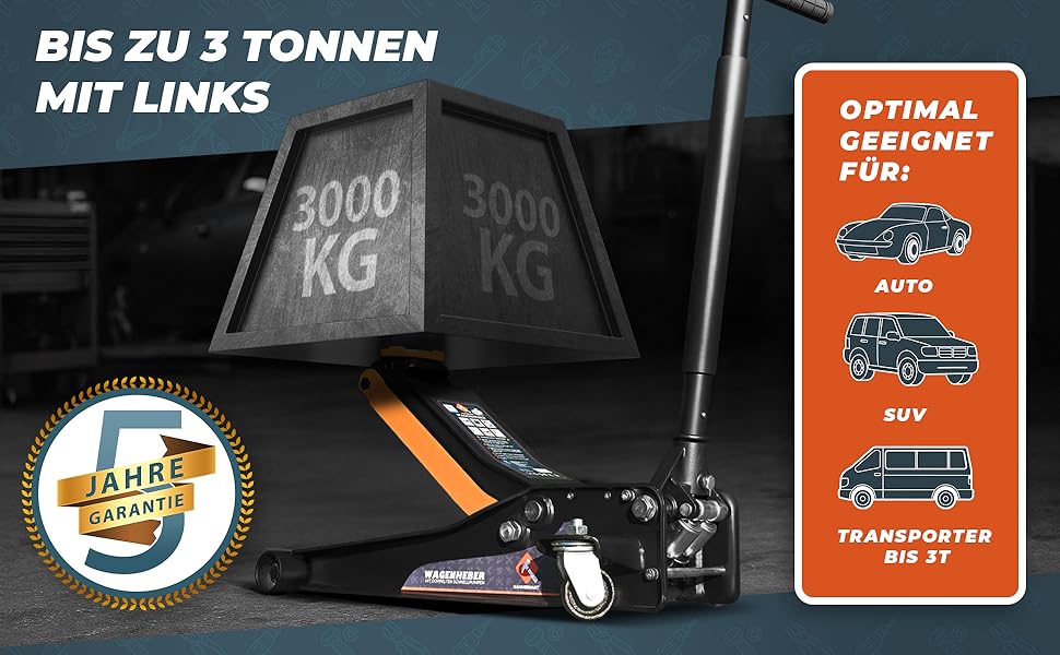 Гідравлічний домкрат HAMMERHART 3T з низьким профілем, 75-505мм, колеса 360°, подвійний поршень, гумова накладка, Т-ручка - Преміум якість