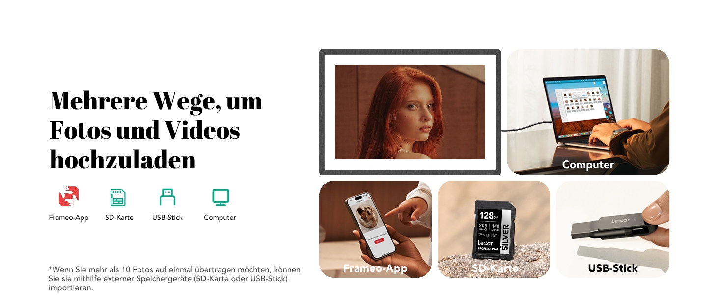 Цифрова фоторамка Lexar 10.1 дюйма IPS Touch Screen, Wi-Fi, 32 ГБ, підтримка Frameo, антибліковий екран, чорна