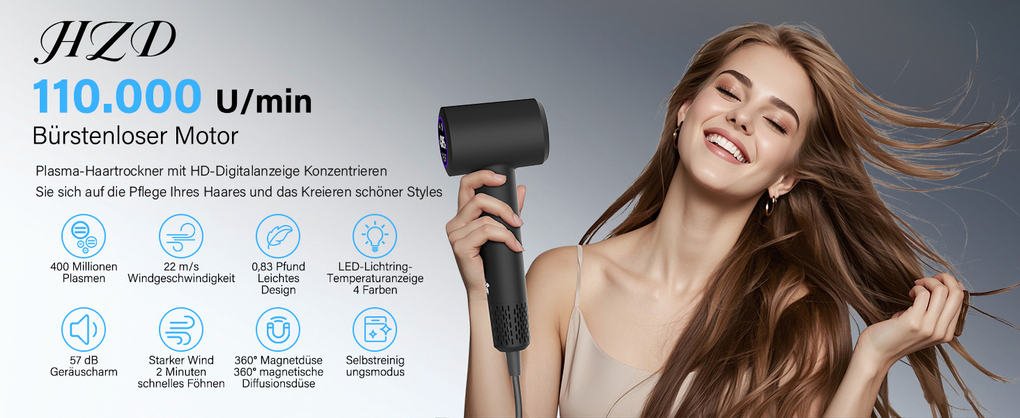 Професійний фен для волосся з дифузором, безщітковий двигун 110 000 об/хв, 400 млн плазмових іонів, низький рівень шуму 57дБ, чорний