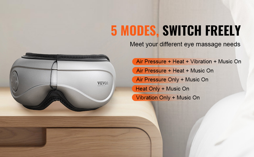 Масажер для очей VEVOR з гарячою компресою, 5 режимів, Bluetooth-музика, 180° складна маска для догляду за очима, сірий