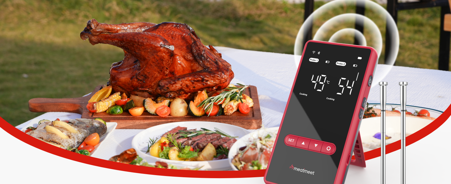 Smart термометр для м'яса Meatmeet X Pro з Bluetooth та Wi-Fi, 2 зонди, 6 сенсорів, нержавіюча сталь, IP69, до 582°C, для гриля, духовки, фритюрниці