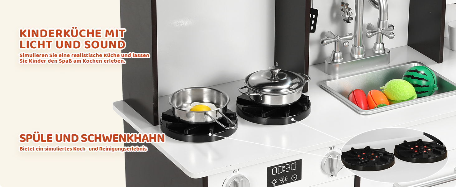 Дерев'яна дитяча кухня Mamizo з підсвіткою та звуком, іграшкова кухня для дітей, 90x30x90 см, з аксесуарами та 2 ящиками для зберігання, іграшка для дітей від 3 років (колір: коричневий)