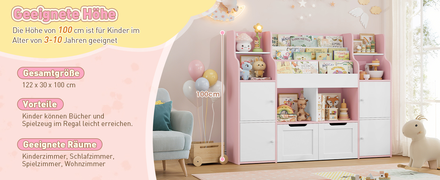 FOREHILL Дитяча полиця-стелаж для іграшок та книг у кімнату з дерева, рожева, 122 x 30 x 100 см