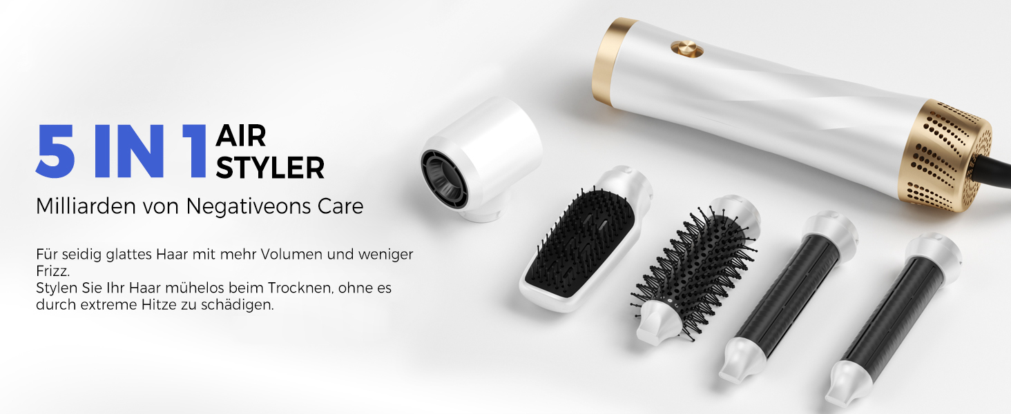 UMIGA Airstyler 5-в-1: Фен-щітка, випрямляч, плойка, об'ємна щітка для волосся 1000W, 3 режими нагріву, рожево-білий