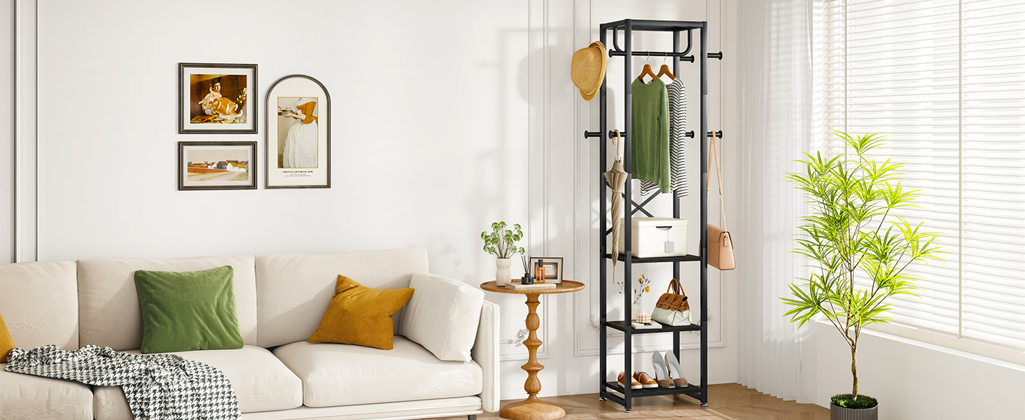 Підставка для одягу IBUYKE, вішалка для одягу з 3 полицями та 8 гачками, індустріальна вішалка для передпокою, коридору, спальні, природа та білий, TMJ088R, Природний та Білий (180 x 40 x 30 см, Чорний)