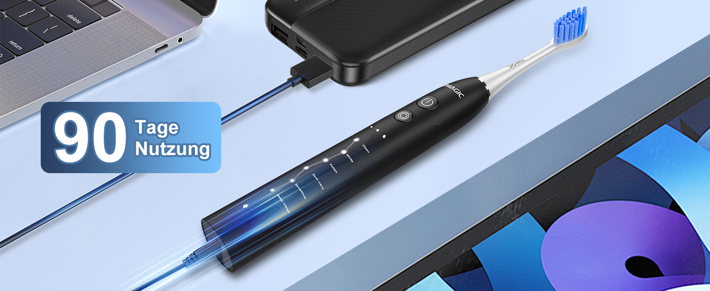 Електрична зубна щітка Sonic з 6 режимами, 3 інтенсивностями, 40000 вібрацій/хв, IPX7, акумулятор 90 днів, таймер, для подорожей, чорна