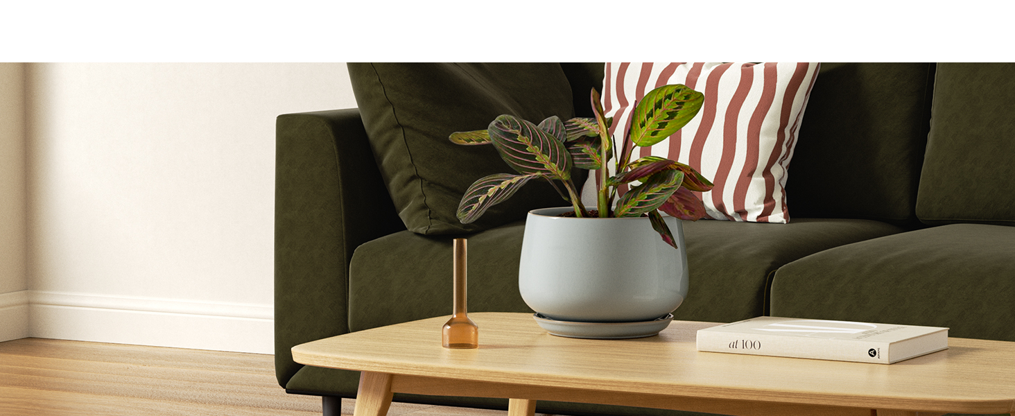 Керамічні горщики LE TAUCI з підставкою, 10+13+16 см, набір з 3 горщиків для кімнатних рослин, з дренажним отвором, реактивна глазур (блакитно-сірий)