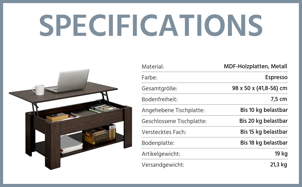 Журнальний столик Yaheetech з регульованою висотою та прихованим місцем для зберігання, 98 x 50 x (42-56) см, колір еспресо