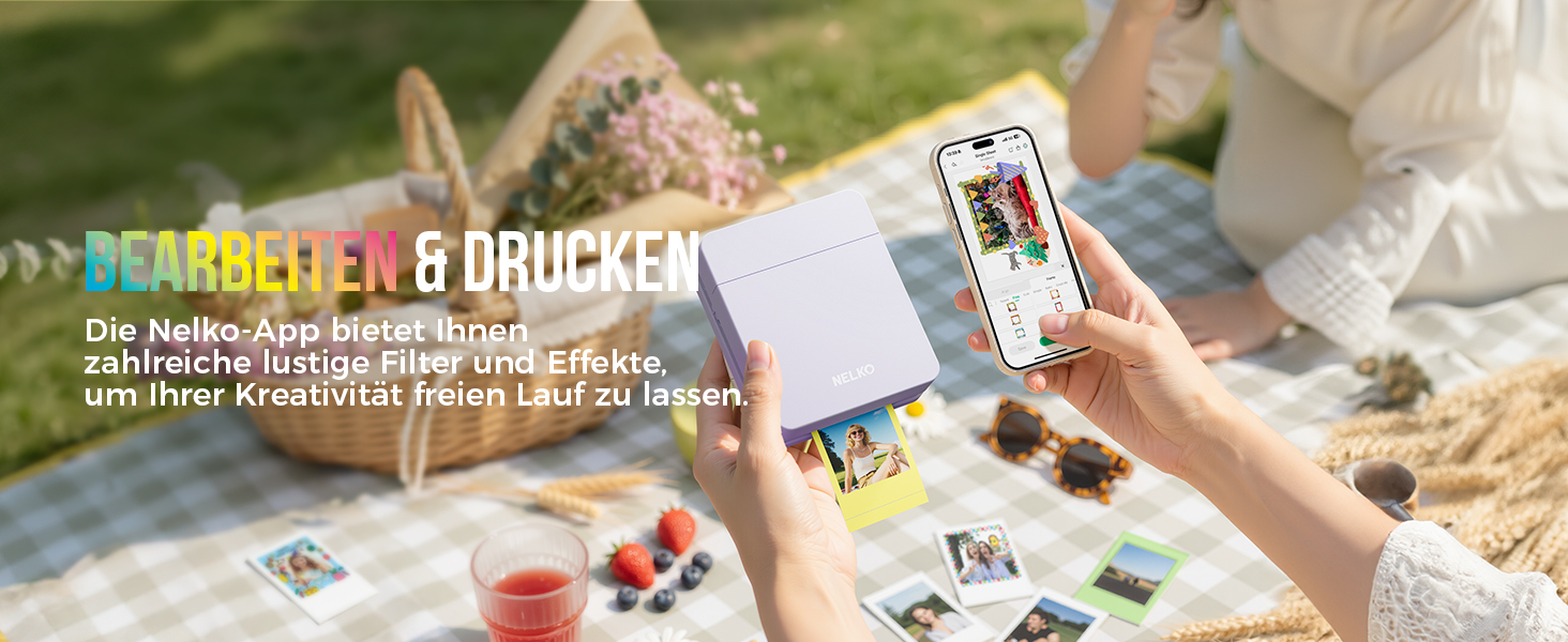 Портативний міні-фотопринтер Nelko PP01: кольоровий, для смартфонів iOS & Android, з 20 паперами, наклейки, AI APP, фіолетовий