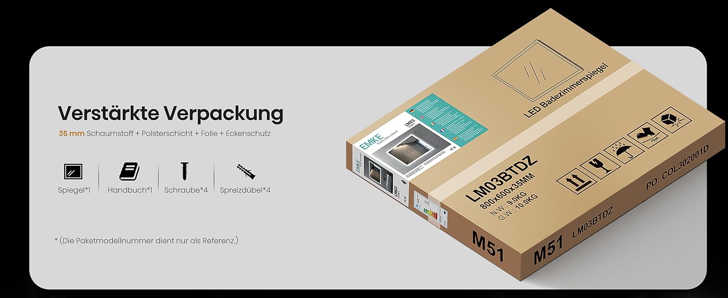 EMKE® LED дзеркало для ванної кімнати 80x60 см з підсвічуванням, регулюванням, антизапарюванням, 3 косметичні дзеркала, годинник, Bluetooth, IP44