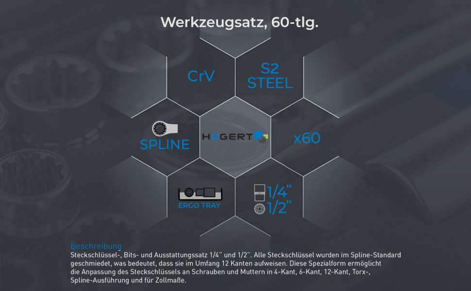 Набір інструментів Högert Technik 38/60 предметів: кейс, тріскачка, головки, біти 1/4