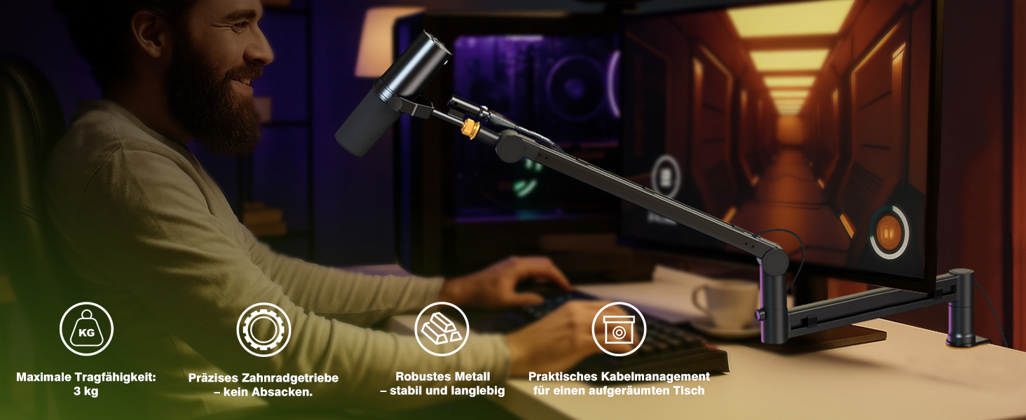 Низькопрофільний мікрофонний пантограф (стійка-тримач) Low Profile з Gear-Lock, чорний, до 3 кг, сумісний з Shure SM7B, MV7+, довжина 780 мм