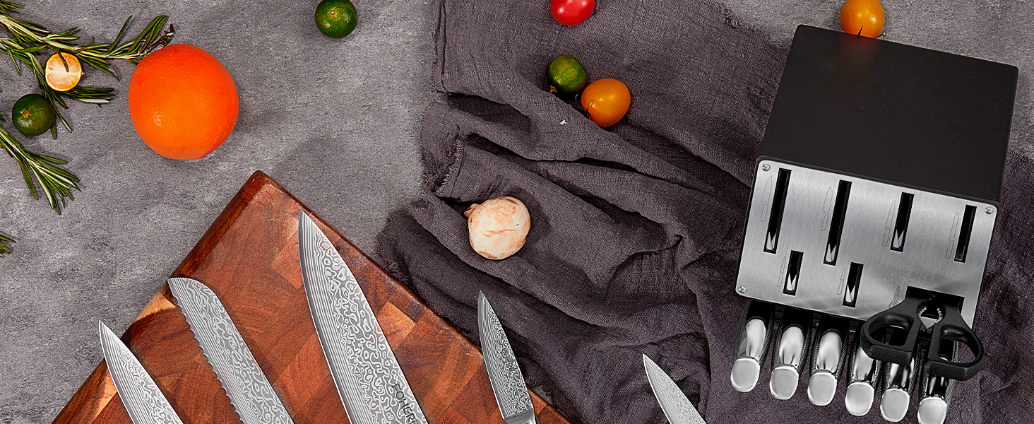 Набір ножів FOHERE з бруском для заточування, 14 предметів. Професійний набір кухонних ножів з нержавіючої сталі, ергономічні ручки, ідеальний подарунок