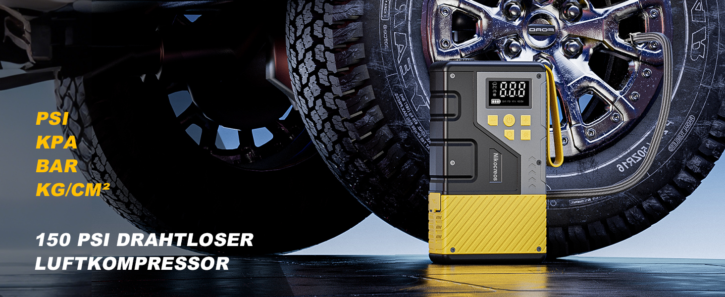Пусковий пристрій Powerbank Jump Starter з компресором для шин 3000A, 150 PSI, LCD-дисплеєм та LED-ліхтарем (Жовтий)