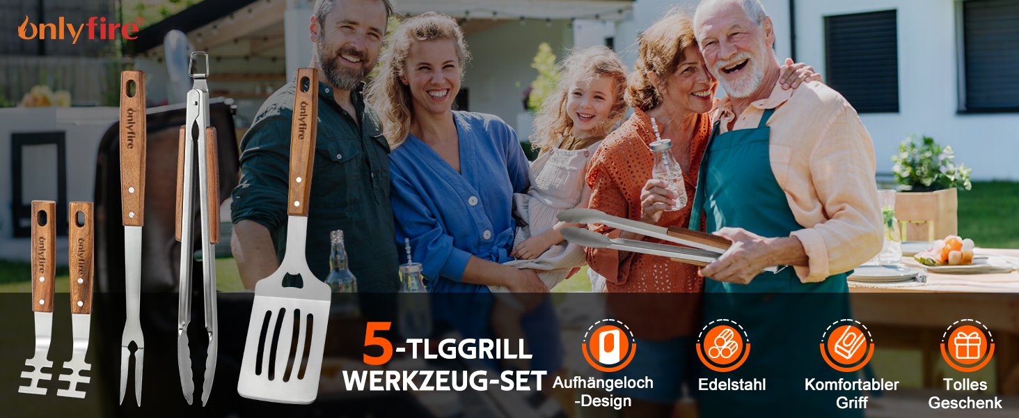 Набір гриль-посуду Onlyfire 4-TLG: щипці, лопатка, виделка, щітка з довгою ручкою з акації та нержавіючої сталі