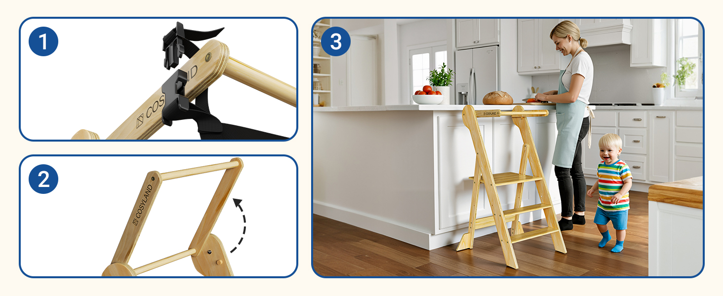 COSYAND Монтессорі стільчик-сходинка для дітей від 1 року, регульована висота | Сходинка Монтессорі | Кухольчик для дітей | Колір: Темно-сірий-натуральний