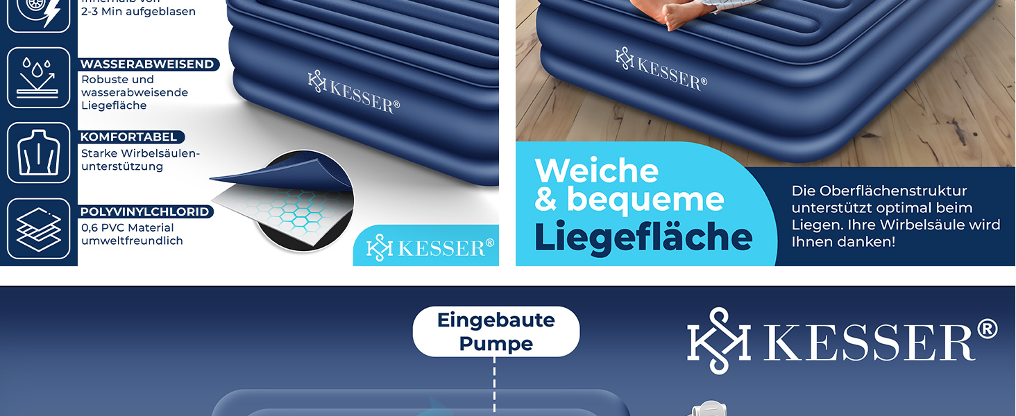 Надувна матрац KESSER® з електричним насосом, 203x152.5x51 см, для відпочинку та кемпінгу