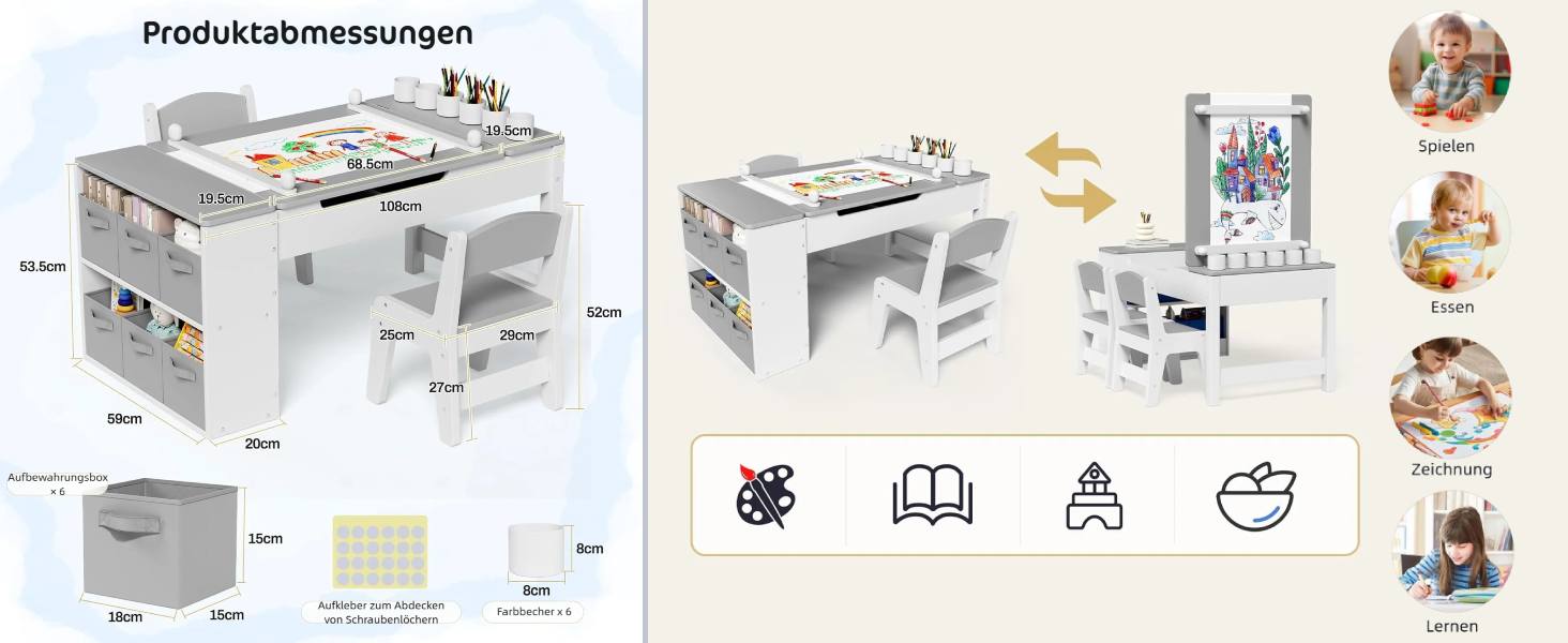Дитячий стіл зі стільцями, дерев'яний набір, дитяча група сидінь з місцем для зберігання, стіл для малювання з рулоном паперу, стіл для малювання та рукоділля для дітей від 3 років (Сірий)