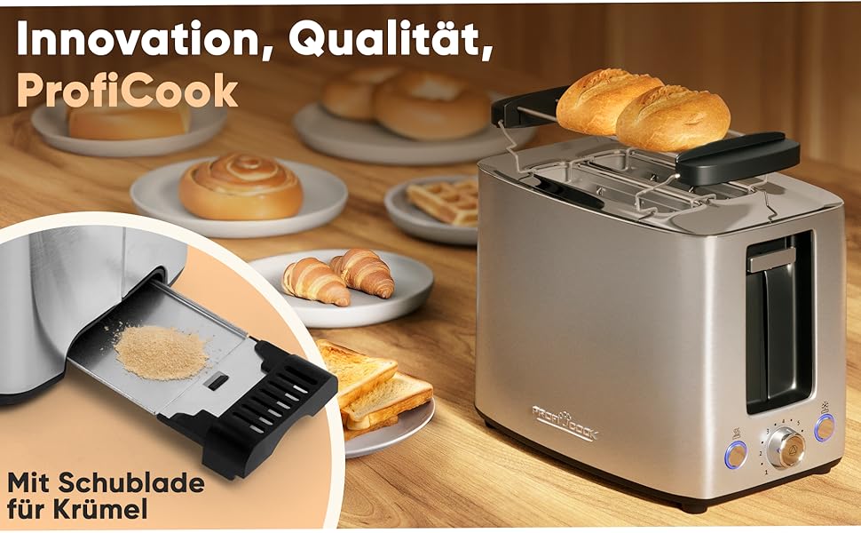 Тостер ProfiCook Edelstahl PC-TA 1279 сріблястий - 2 слоти, для бутербродів, вафель та булочок, з насадкою для булочок, нержавіюча сталь