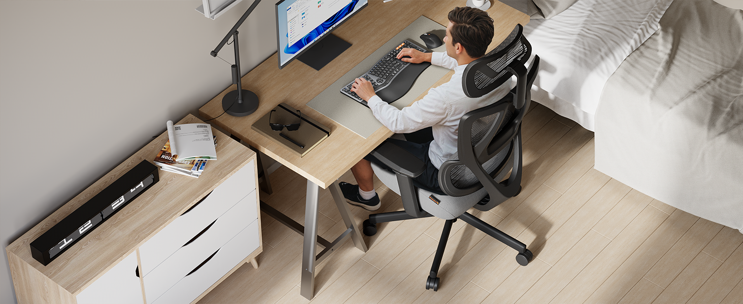 Офісний крісло ProtoArc EC100 сірого кольору з товстим пружинним сидінням, підтримкою попереку, регульованими підлокітниками та підголівником, сітчасте крісло для дому та офісу