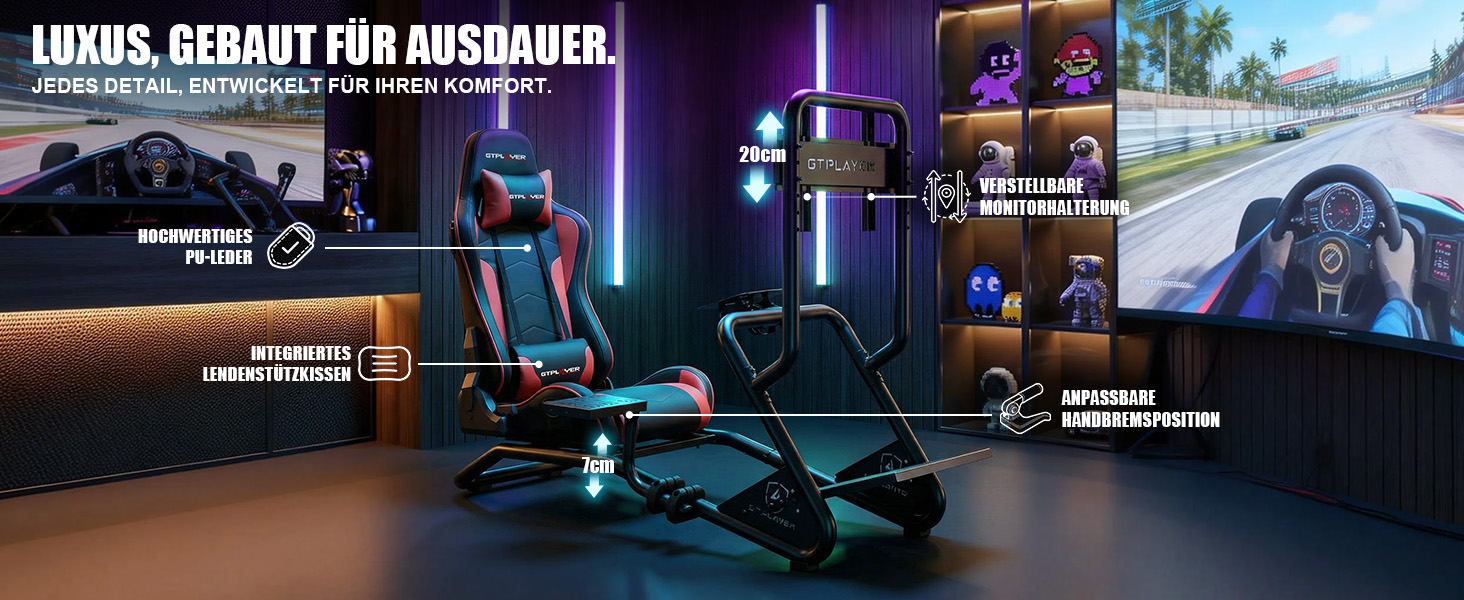 Ігровий симулятор GTPLAYER Cockpit для керма: стійка з 3D-стереодинаміками, тримачем для монітора, педалей та КПП, регульована (Бордовий)