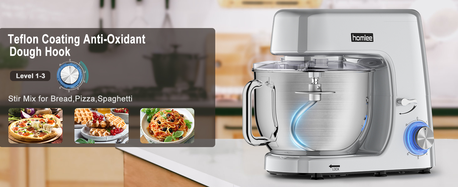 Потужна кухонна машина 1800W з великою чашею 7.2 л з нержавіючої сталі, міксер, насадки для тіста, збивання та насадка-віночок, сріблястий