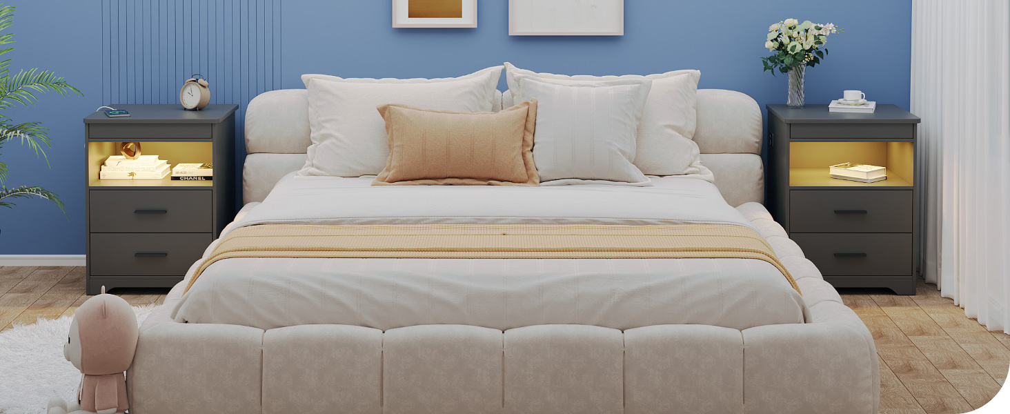 Нічний столик FREDEES з LED-підсвічуванням, ящиком та бездроговою зарядкою, сірий (2 кольори)