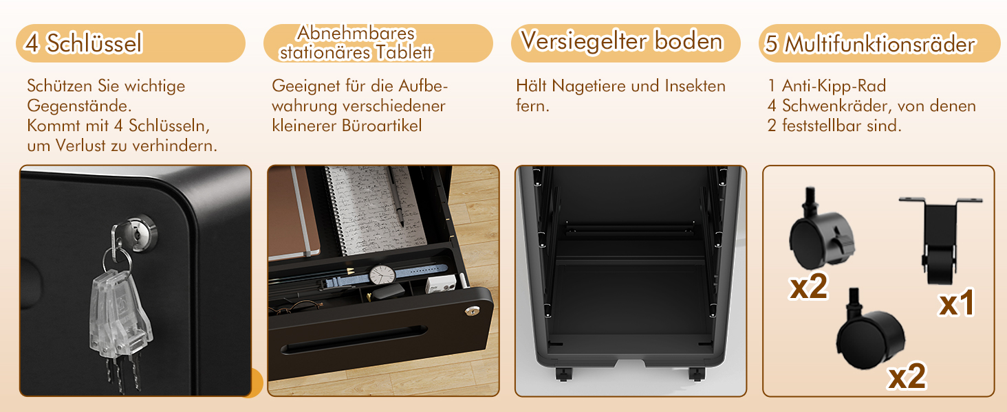 Роликовий контейнер HOMSTEEL з замком, 4 шухляди, металевий офісний шафка, чорний (46T x 40B x 64H cm)